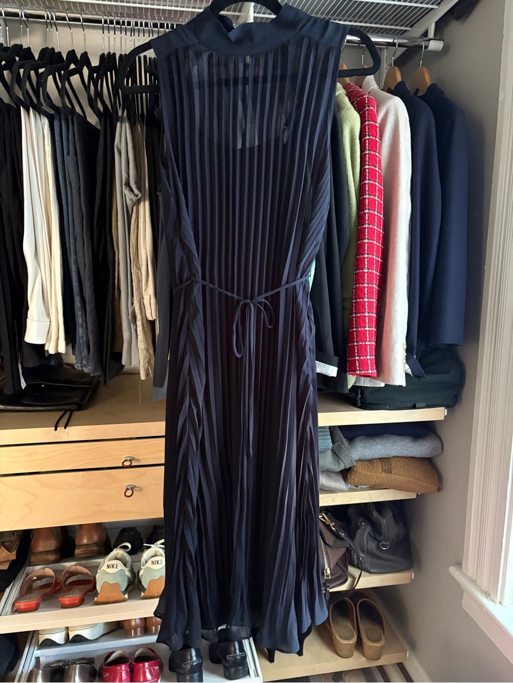 Banana Republic Navy Sleeveless Pleated Midi Dress with Tie Waist